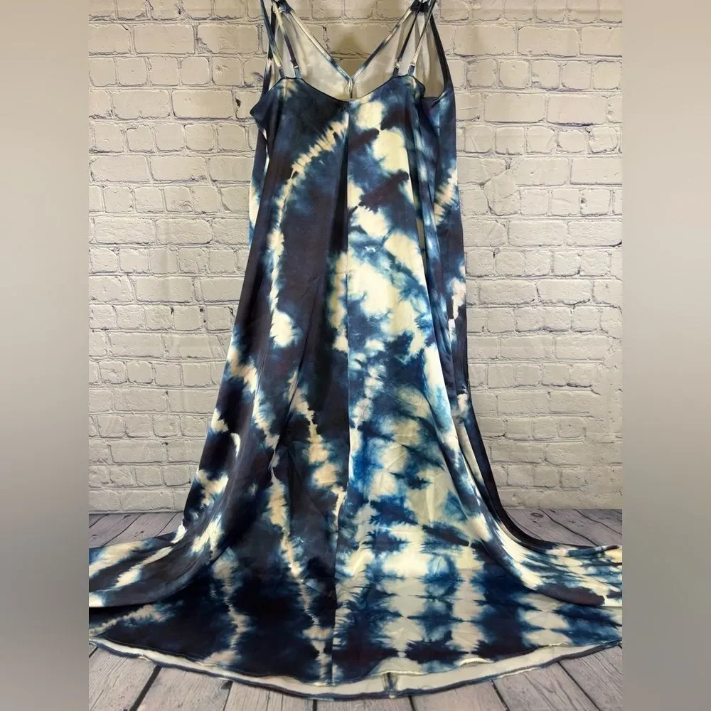 Zara Blue White Strappy V Neck Tie-Dye Satin Effect Boho Beachy Midi Dress M/L
